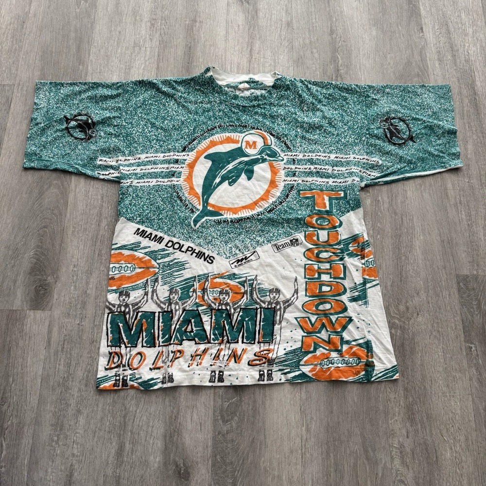 Vintage Miami Dolphins AOP T-Shirt Size Medium 1990s Single Stitch NFL